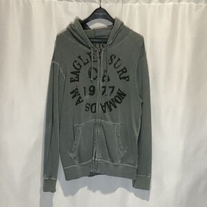 1660. Men’s American Eagle Gray/Green Distressed Zip-Up Hoodie Large